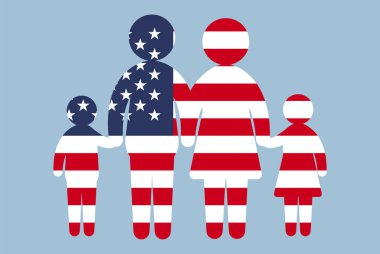 Aile kavramına sahip Amerikan bayrağı, vektör unsuru, ebeveynler ve çocuklar el ele tutuşuyor, göçmen fikri, mutlu Amerikan bayrağı taşıyan aile, düz tasarım varlık