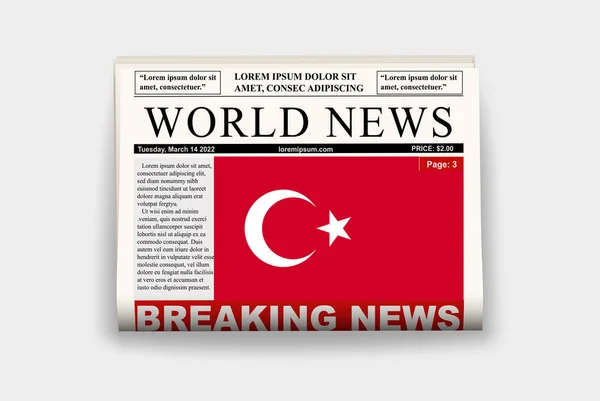 Türkei Länderzeitung Mit Flagge Eilmeldungen Auf Newsletter Türkei Nachrichtenkonzept Gazettenseite — Stockvektor