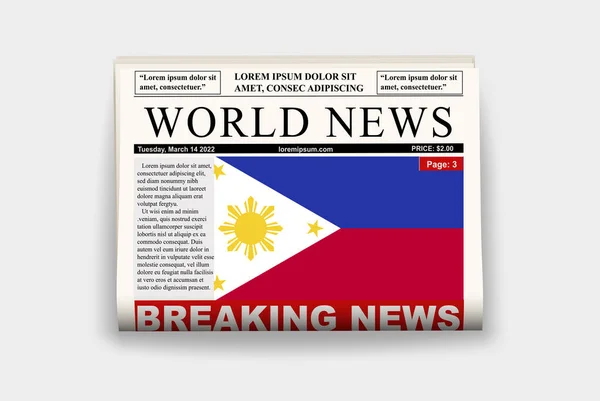 有国旗的菲律宾国家报纸 新闻通讯上的突发新闻 菲律宾新闻概念 有标题的公报页 有国旗的杂志 阅读报纸 流媒体标题 — 图库矢量图片