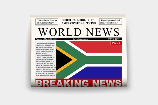 南アフリカの国内紙 ニュースレター 南アフリカのニュースコンセプト 見出し付きのガゼットページ 国旗付きのジャーナル 新聞を読む ストリーマー見出し — ストックベクタ