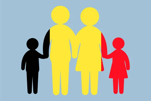 比利时国旗与家庭观念 矢量元素 父母和孩子牵着手 移民观念 快乐家庭与比利时国旗 平面设计资产 — 图库矢量图片