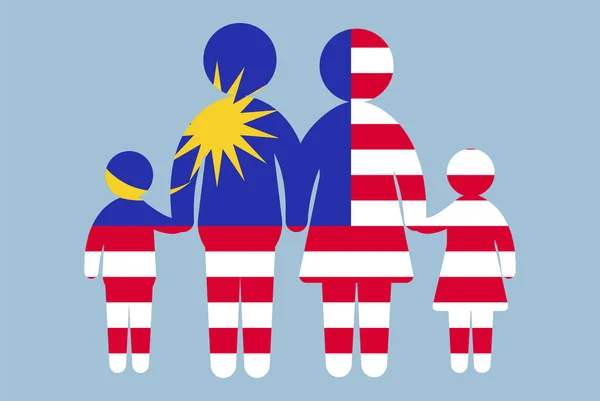 马来西亚国旗与家庭观念 矢量元素 父母和孩子牵着手 移民观念 快乐家庭与马来西亚国旗 平面设计资产 — 图库矢量图片