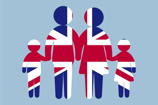 家族のコンセプト ベクトル要素 親と子供が手を取り合っているイギリスの国旗 移民のアイデア イギリスの旗を持つ幸せな家族 フラットデザイン資産 — ストックベクタ