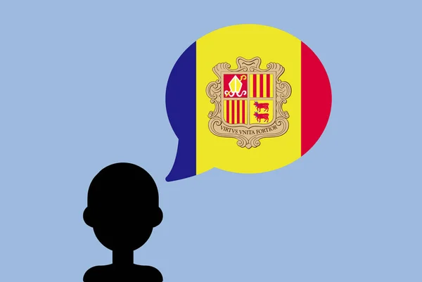 Andorra Flagga Med Tal Ballong Silhuett Man Med Land Flagga — Stock vektor