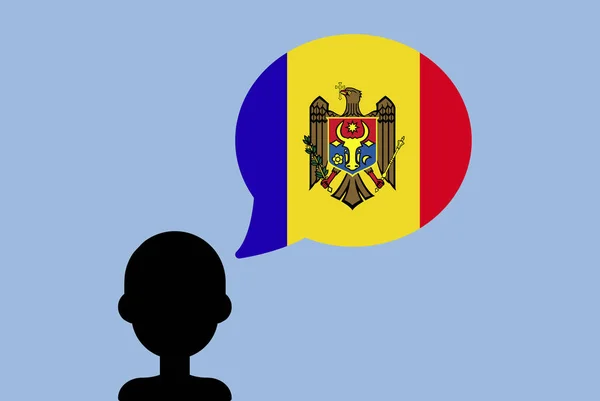 Bandeira Moldávia Com Balão Fala Homem Silhueta Com Bandeira País —  Vetores de Stock