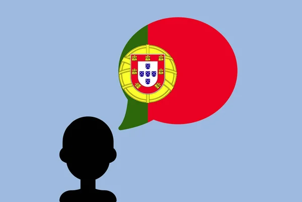 ポルトガル語のフラッグとスピーチバルーン 国旗シルエットの男 自由と独立のアイデア ポルトガル語のフラグベクトルバブルを話す ポルトガル語を学ぶ — ストックベクタ