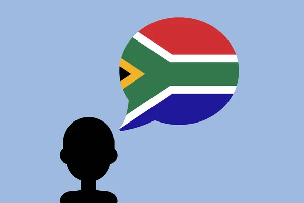 南アフリカの国旗とスピーチ バルーン 国旗を持つシルエットの男 自由と独立のアイデア 南アフリカの国旗ベクトル 南アフリカの言語を学ぶ — ストックベクタ