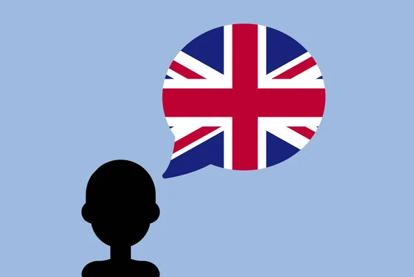 英国の国旗とスピーチ バルーン 国旗を持つシルエットの男 自由と独立のアイデア 英語を学ぶバブルを話す上での英国の国旗ベクトル — ストックベクタ