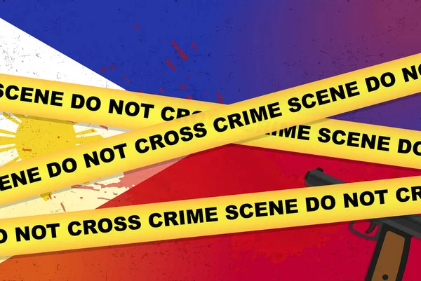 菲律宾武装攻击病媒横幅 射击新闻概念 武装攻击菲律宾国旗上的枪支和血迹 黄色警戒带 犯罪现场组成 平面设计 — 图库矢量图片
