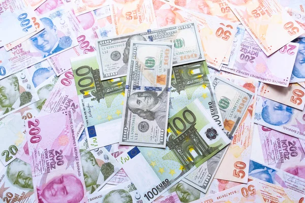 Amerikan Doları ve Euro Türk lirası, döviz dalgalanması konsepti, Euro ve Dolar ve Türk lirası, döviz, düz görüş, Türk lirası değer fikrini kaybetti, seçici odak noktasını kaybetti
