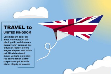 Birleşik Krallık seyahat vektör pankartı kağıt bayrak ve metin alanı, kağıt uçak üzerinde Birleşik Krallık ülke bayrağı, tatil ve tatil konsepti, yaz seyahat şablonu ve şablonu, uçuş bileti fikri