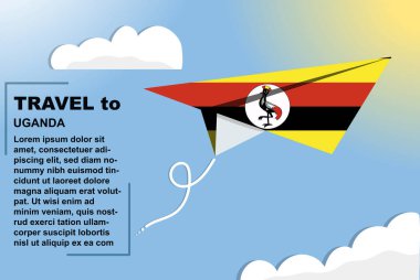 Kağıt bayrak ve metin alanı olan Uganda seyahat vektörü bayrağı, kağıt uçak, tatil ve tatil konsepti, yaz seyahati şablonu ve şablonu, uçuş bileti fikri