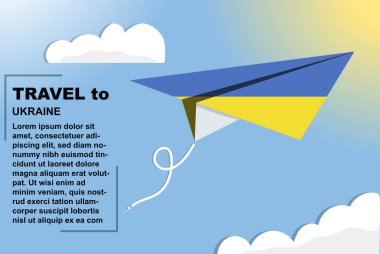 Kağıt bayrak ve metin alanına sahip Ukrayna seyahat vektör pankartı, kağıt uçak, tatil ve tatil konseptine bağlı Ukrayna bayrağı, yaz seyahati şablonu ve şablonu, uçuş bileti fikri