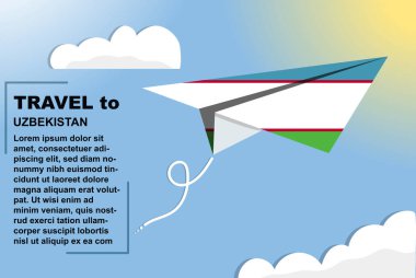 Kağıt bayrak ve metin alanına sahip Özbekistan seyahat vektör bayrağı, kağıt uçak, tatil ve tatil konseptine bağlı Özbekistan bayrağı, yaz seyahat şablonu ve şablonu, uçuş bileti fikri