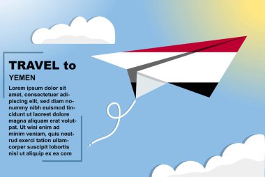 Yemen seyahat vektör pankartı kağıt bayrak ve metin alanı, Yemen ülke bayrağı kağıt uçak, tatil ve tatil konsepti, yaz seyahati şablonu ve şablonu, uçuş bileti fikri