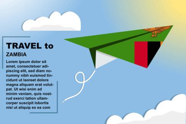 Zambiya seyahat vektör pankartı kağıt bayrak ve metin alanı, Zambiya bayrağı kağıt uçak, tatil ve tatil konsepti, yaz seyahati şablonu ve şablonu, uçuş bileti fikri