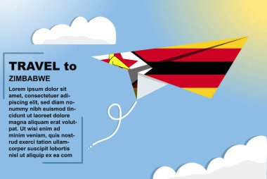 Zimbabwe seyahat vektör pankartı kağıt bayrak ve metin alanı, Zimbabwe ülke bayrağı kağıt uçak, tatil ve tatil konsepti, yaz seyahat şablonu ve şablonu, uçuş bileti fikri