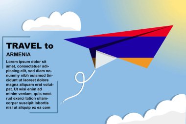 Kağıt bayrak ve metin alanına sahip Ermenistan seyahat vektörü bayrağı, kağıt uçak, tatil ve tatil konseptine bağlı Ermenistan ülke bayrağı, yaz seyahati şablonu ve şablonu, uçuş bileti fikri