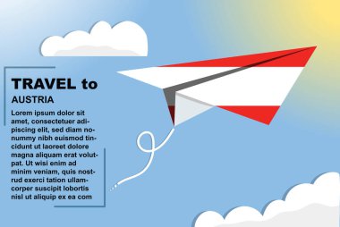 Avusturya seyahat vektör pankartı kağıt bayrak ve metin alanı, Avusturya ülke bayrağı kağıt uçak, tatil ve tatil konsepti, yaz seyahat şablonu ve şablonu, uçuş bileti fikri