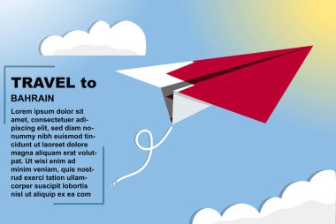 Kağıt bayrak ve metin alanı olan Bahreyn seyahat vektörü bayrağı kağıt uçak, tatil ve tatil konsepti, yaz seyahati şablonu ve şablonu, uçuş bileti fikri