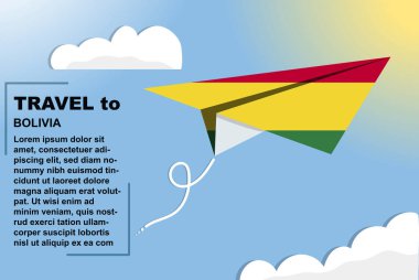 Kağıt bayrak ve metin alanı olan Bolivya seyahat vektör pankartı, kağıt uçak, tatil ve tatil konsepti üzerine Bolivya bayrağı, yaz seyahat şablonu ve şablonu, uçuş bileti fikri