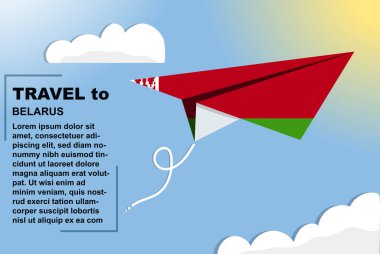 Belarus seyahat vektör pankartı kağıt bayrak ve metin alanı, Beyaz Rusya bayrağı kağıt uçak, tatil ve tatil konsepti, yaz seyahati şablonu ve şablonu, uçuş bileti fikri