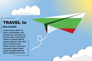 Bulgaristan 'da kağıt bayrak ve metin alanına sahip seyahat vektör pankartı, Bulgaristan' da kağıt uçak, tatil ve tatil konsepti, yaz seyahati şablonu ve şablonu ve uçuş bileti fikri
