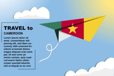 Kağıt bayrak ve metin alanına sahip Kamerun seyahat vektör pankartı, kağıt uçak üzerinde Kamerun ülke bayrağı, tatil ve tatil konsepti, yaz seyahat şablonu ve şablonu, uçuş bileti fikri