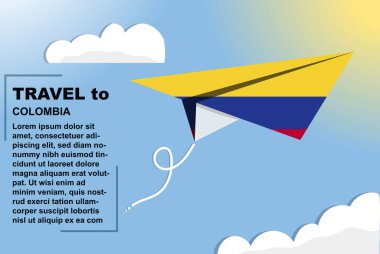 Kağıt bayrak ve metin alanı olan Kolombiya seyahat vektör pankartı, kağıt uçak üzerinde Kolombiya bayrağı, tatil ve tatil konsepti, yaz seyahati şablonu ve şablonu, uçuş bileti fikri