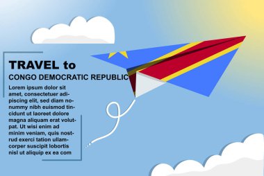 Kağıt bayrak ve metin alanı olan Kongo Demotratik Cumhuriyet seyahat vektör pankartı, kağıt uçak üzerindeki Kongo Demotratik Cumhuriyet bayrağı, tatil ve tatil konsepti, yaz seyahati şablonu ve şablonu, uçuş bileti fikri