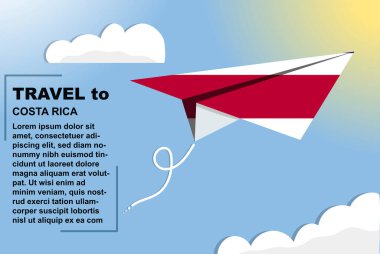 Kâğıt bayrak ve metin alanına sahip Kosta Rika seyahat vektörü bayrağı, kağıt uçak, tatil ve tatil konseptine bağlı Kosta Rika bayrağı, yaz seyahati şablonu ve şablonu, uçuş bileti fikri