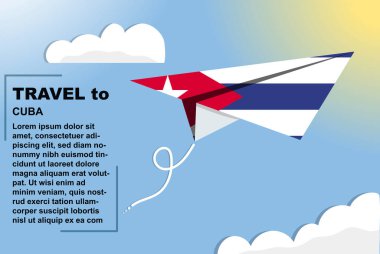 Kağıt bayrak ve metin alanına sahip Küba seyahat vektörü bayrağı, kağıt uçak üzerinde Küba bayrağı, tatil ve tatil konsepti, yaz seyahati şablonu ve şablonu, uçuş bileti fikri