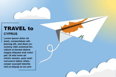 Kağıt bayrak ve metin alanına sahip Kıbrıs Rum Kesimi seyahat vektörü bayrağı, kağıt uçak, tatil ve tatil kavramı, yaz seyahati şablonu ve şablonu, uçuş bileti fikri