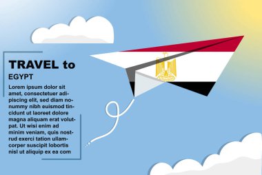 Mısır seyahat vektör pankartı kağıt bayrak ve metin alanı, Mısır ülke bayrağı kağıt uçak, tatil ve tatil konsepti, yaz seyahati şablonu ve şablonu, uçuş bileti fikri