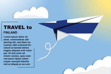 Finlandiya seyahat vektör pankartı kağıt bayrak ve metin alanı, Finlandiya ülke bayrağı kağıt uçak, tatil ve tatil konsepti, yaz seyahati şablonu ve şablonu, uçuş bileti fikri