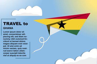 Kağıt bayrak ve metin alanı olan Gana seyahat vektörü bayrağı, kağıt uçak, tatil ve tatil konsepti üzerine Gana bayrağı, yaz seyahati şablonu ve şablonu, uçuş bileti fikri