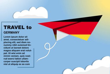 Kağıt bayrak ve metin alanına sahip Almanya seyahat vektörü bayrağı, kağıt uçak üzerinde Almanya bayrağı, tatil ve tatil konsepti, yaz seyahati şablonu ve şablonu, uçuş bileti fikri