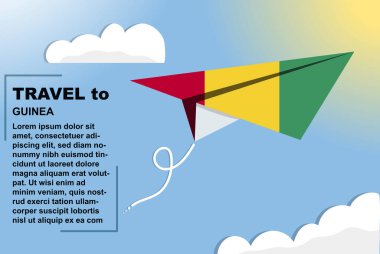 Kağıt bayrak ve metin alanına sahip Gine seyahat vektör pankartı, kağıt uçak üzerinde Gine bayrağı, tatil ve tatil konsepti, yaz seyahati şablonu ve şablonu, uçuş bileti fikri