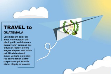 Kağıt bayrak ve metin alanı olan Guatemala seyahat vektör pankartı, kağıt uçak, tatil ve tatil konsepti üzerine Guatemala bayrağı, yaz seyahat şablonu ve şablonu, uçuş bileti fikri