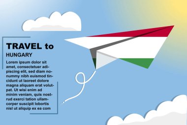 Kağıt bayrak ve metin alanına sahip Macaristan seyahat vektörü bayrağı, kağıt uçak, tatil ve tatil konseptine bağlı Macaristan bayrağı, yaz seyahati şablonu ve şablonu, uçuş bileti fikri