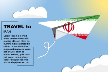 Kağıt bayrak ve metin alanına sahip İran seyahat vektör pankartı, kağıt uçak üzerinde İran bayrağı, tatil ve tatil konsepti, yaz seyahat şablonu ve şablonu, uçuş bileti fikri