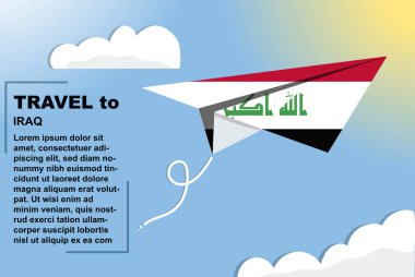 Irak seyahat vektör pankartı kağıt bayrak ve metin alanı, Irak ülke bayrağı kağıt uçak, tatil ve tatil konsepti, yaz seyahati şablonu ve şablonu, uçuş bileti fikri
