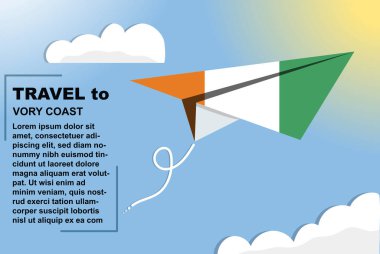 Kağıt bayrak ve metin alanı olan fildişi sahil seyahat vektör pankartı, kağıt uçak üzerindeki fildişi sahili bayrağı, tatil ve tatil konsepti, yaz seyahat şablonu ve şablonu, uçuş bileti fikri