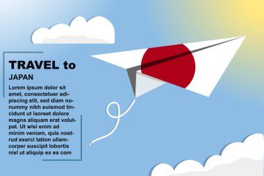Kağıt bayrak ve metin alanı olan Japonya seyahat vektörü bayrağı, kağıt uçak üzerindeki Japonya bayrağı, tatil ve tatil konsepti, yaz seyahati şablonu ve şablonu, uçuş bileti fikri