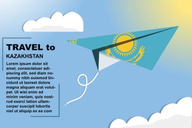 Kazakistan seyahat vektör pankartı kağıt bayrak ve metin alanı, Kazakistan bayrağı kağıt uçak, tatil ve tatil konsepti, yaz seyahat şablonu ve şablonu, uçuş bileti fikri