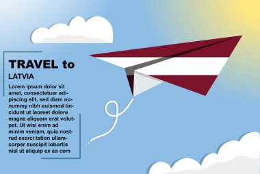 Kağıt bayrak ve metin alanına sahip Letonya seyahat vektörü bayrağı, kağıt uçak üzerinde Letonya bayrağı, tatil ve tatil konsepti, yaz seyahati şablonu ve şablonu, uçuş bileti fikri