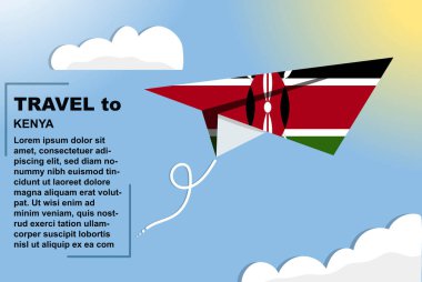 Kenya seyahat vektör pankartı kağıt bayrak ve metin alanı, Kenya ülke bayrağı kağıt uçak, tatil ve tatil konsepti, yaz seyahat şablonu ve şablonu, uçuş bileti fikri