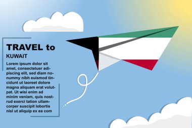 Kağıt bayrak ve metin alanına sahip Kuveyt seyahat vektör pankartı, kağıt uçak üzerinde Kuveyt bayrağı, tatil ve tatil konsepti, yaz seyahat şablonu ve şablonu, uçuş bileti fikri