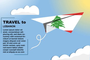 Kağıt bayrak ve metin alanına sahip Lübnan seyahat vektör pankartı, kağıt uçak üzerinde Lübnan bayrağı, tatil ve tatil konsepti, yaz seyahati şablonu ve şablonu, uçuş bileti fikri
