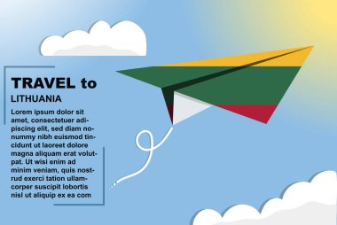 Kağıt bayrak ve metin alanına sahip Litvanya seyahat vektör pankartı, kağıt uçak üzerinde Litvanya bayrağı, tatil ve tatil konsepti, yaz seyahati şablonu ve şablonu, uçuş bileti fikri